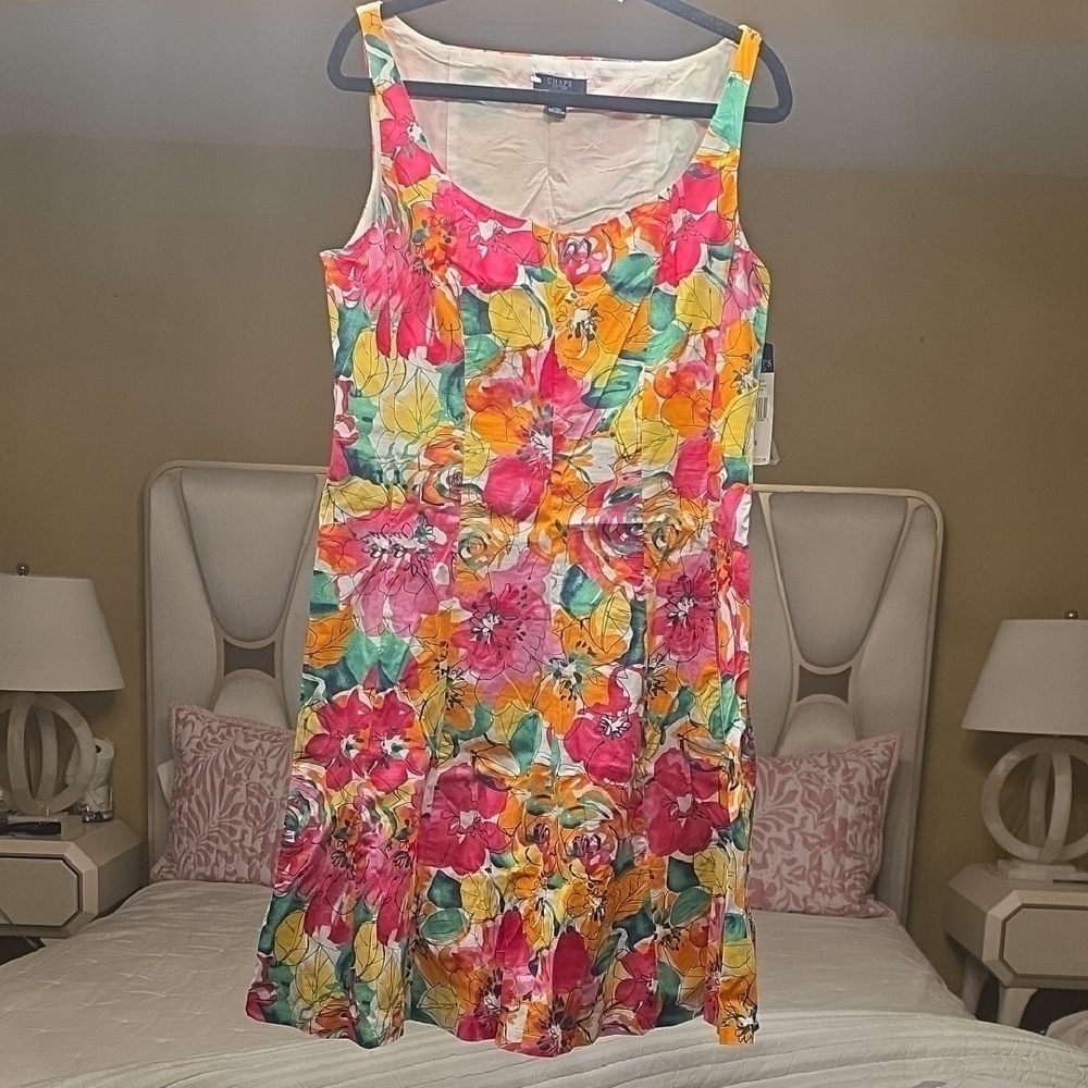 Chaps Floral Scoop-Neck Midi Dress in Pink, Yellow & Green Size 16